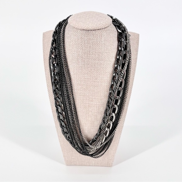 Layered Mixed Metal Chain Necklace Multi Strand Gunmetal Silver Edgy Punk Goth - Picture 2 of 15
